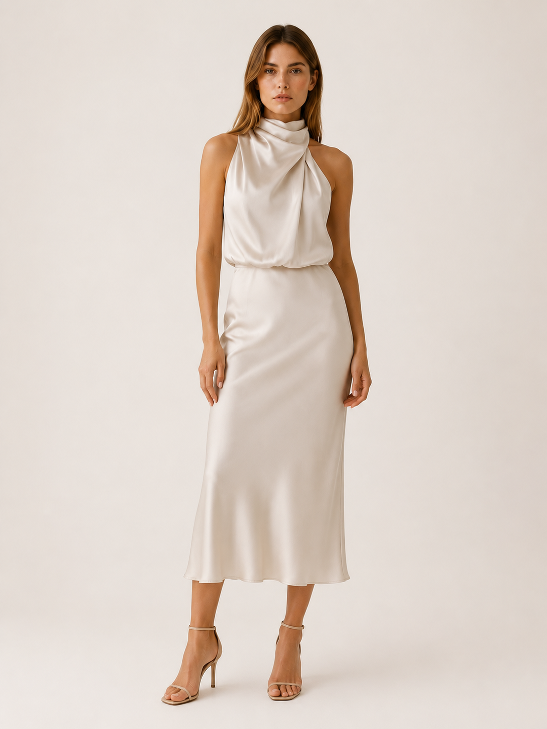 Champagne Satin Midi Dress with High Neck and Draped Front – front view
