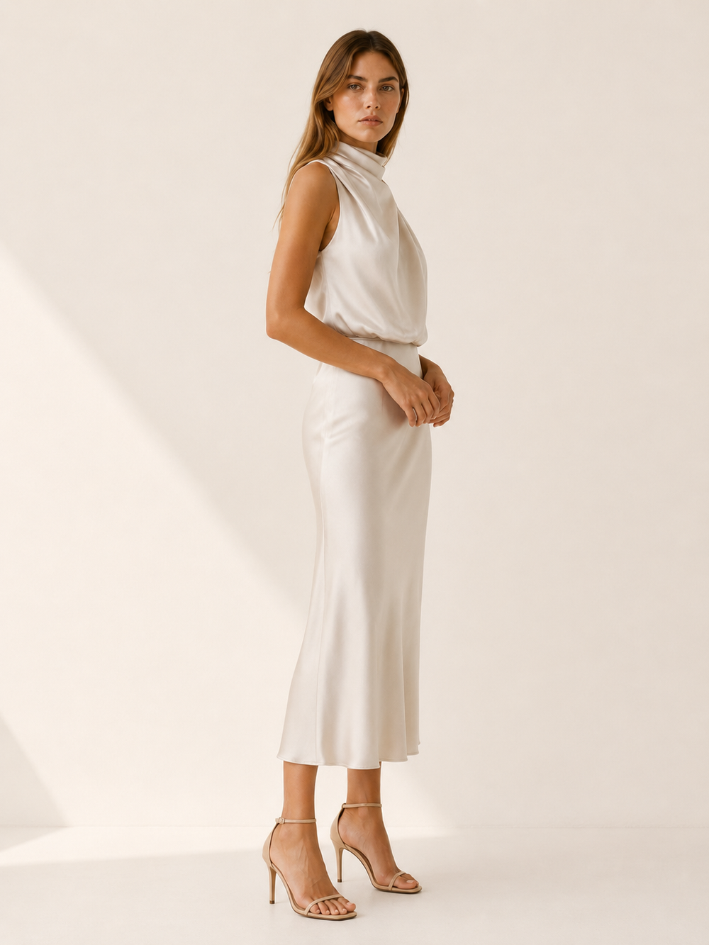 Plum Satin Midi Dress with High Neck and Draped Front – side view