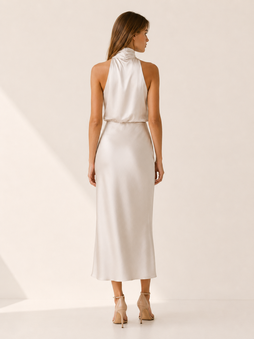 Champagne Satin Midi Dress with High Neck and Draped Front – back view