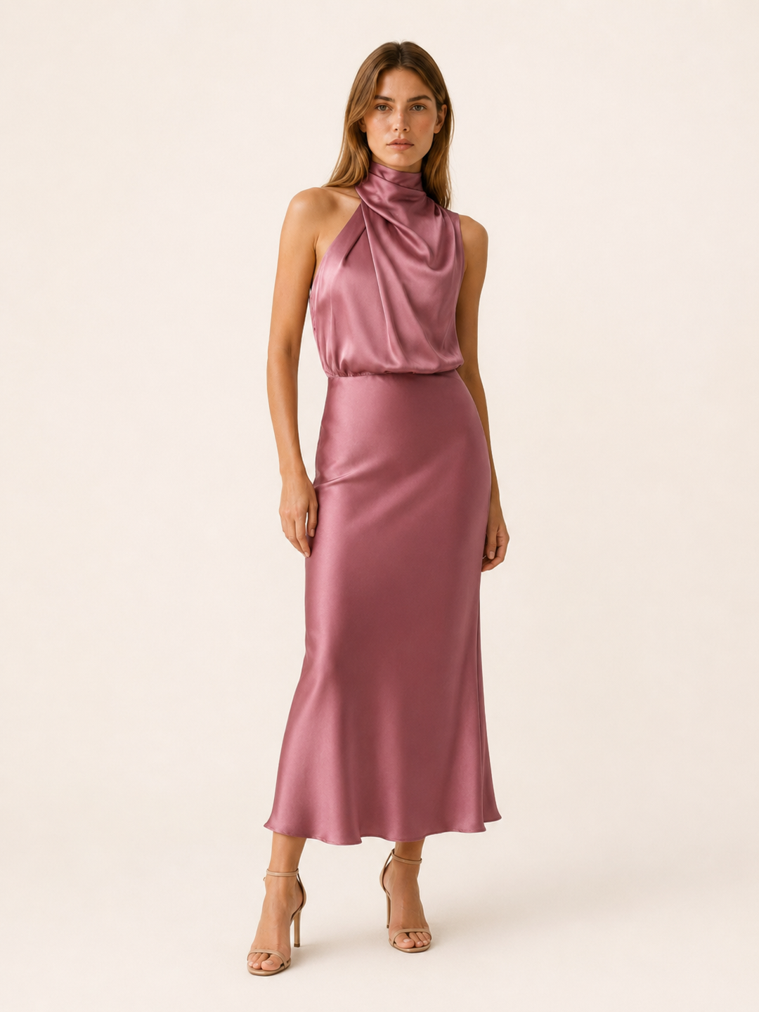 Plum Satin Midi Dress with High Neck and Draped Front – lifestyle