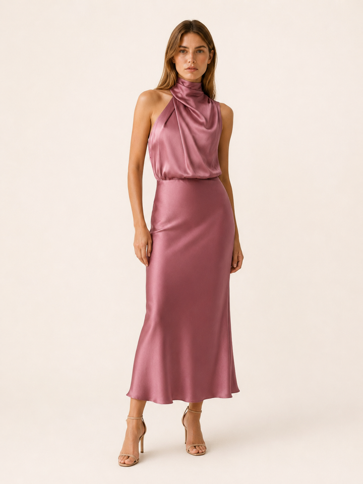 Plum Satin Midi Dress with High Neck and Draped Front – lifestyle