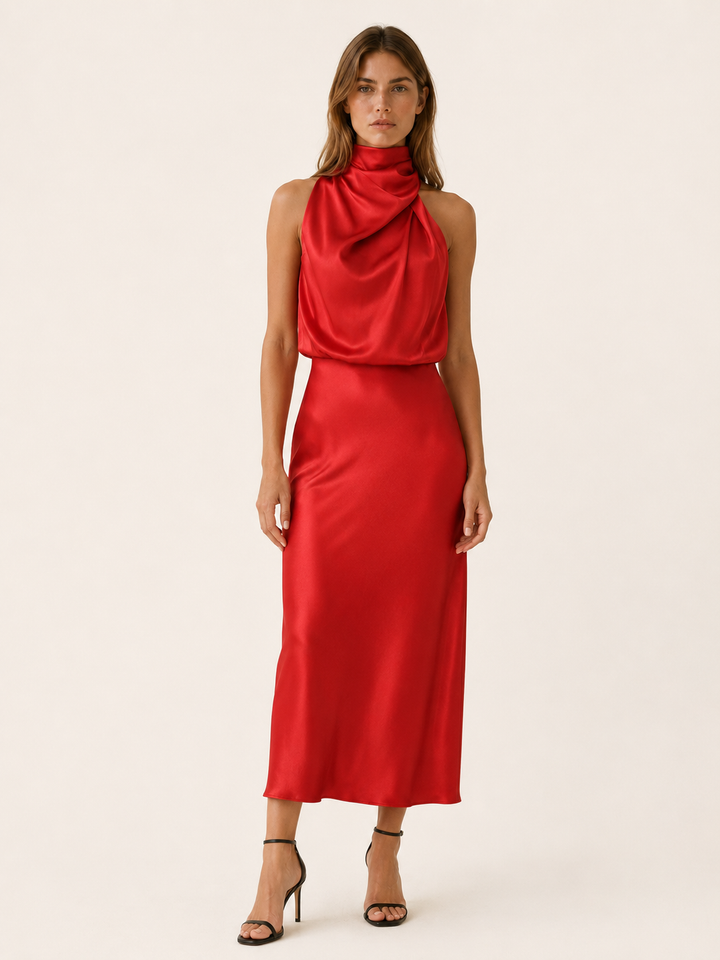 Champagne Satin Midi Dress with High Neck and Draped Front – full length view