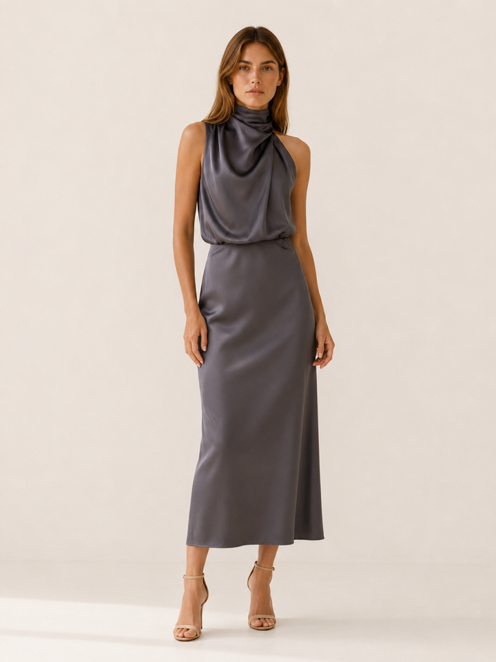 Plum Satin Midi Dress with High Neck and Draped Front – angled view