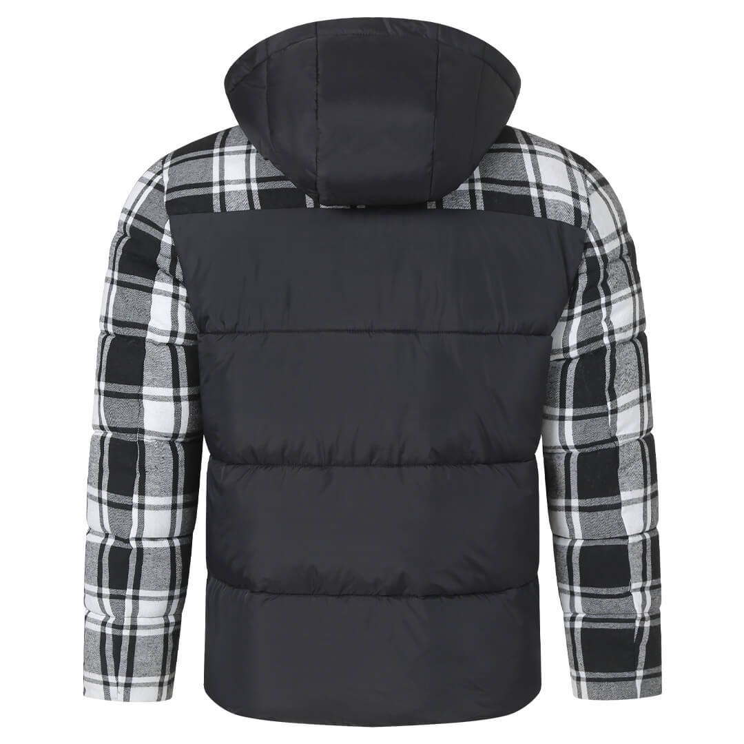 Black plaid puffer jacket, back view