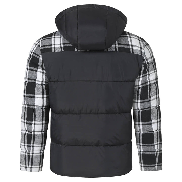 Black plaid puffer jacket, back view