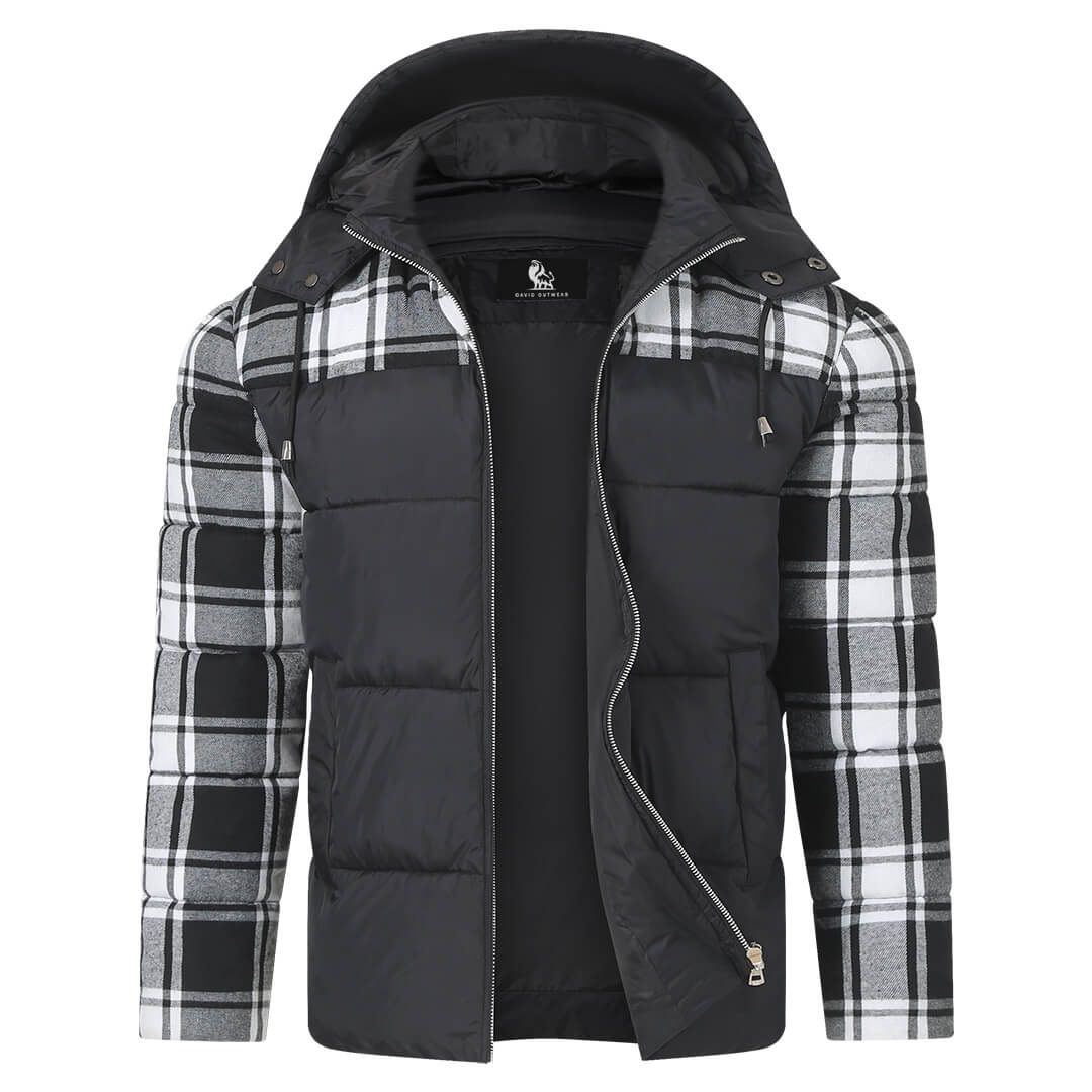 Black plaid puffer jacket, front view on model