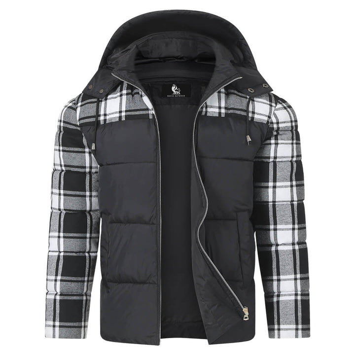 Black plaid puffer jacket, front view on model