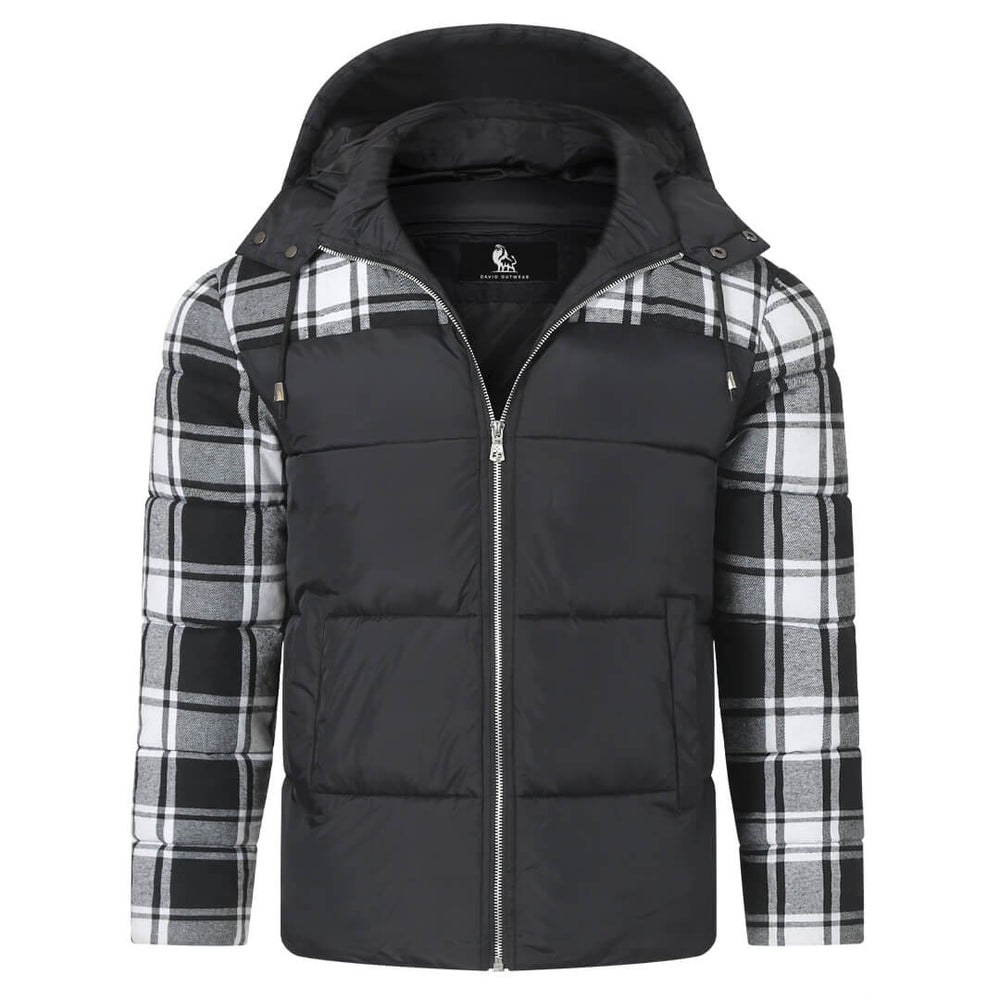Black plaid puffer jacket, front view zipped up