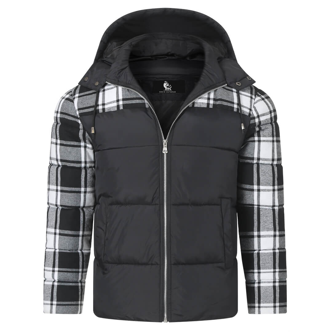 Black plaid puffer jacket, front view zipped up
