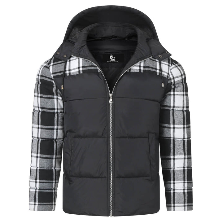 Black plaid puffer jacket, front view zipped up