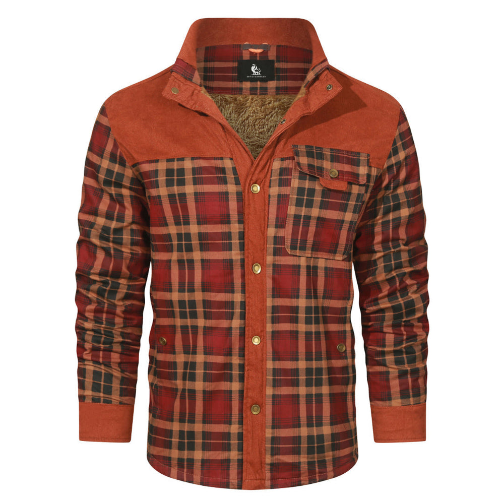 Classic Red plaid shirt jacket, styled buttoned up