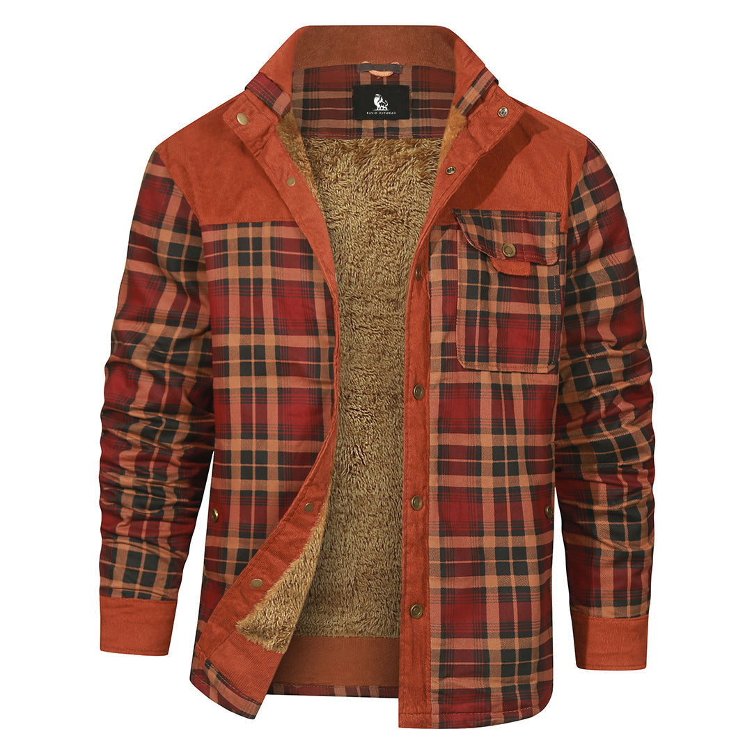 Classic Red plaid shirt jacket, front view on model