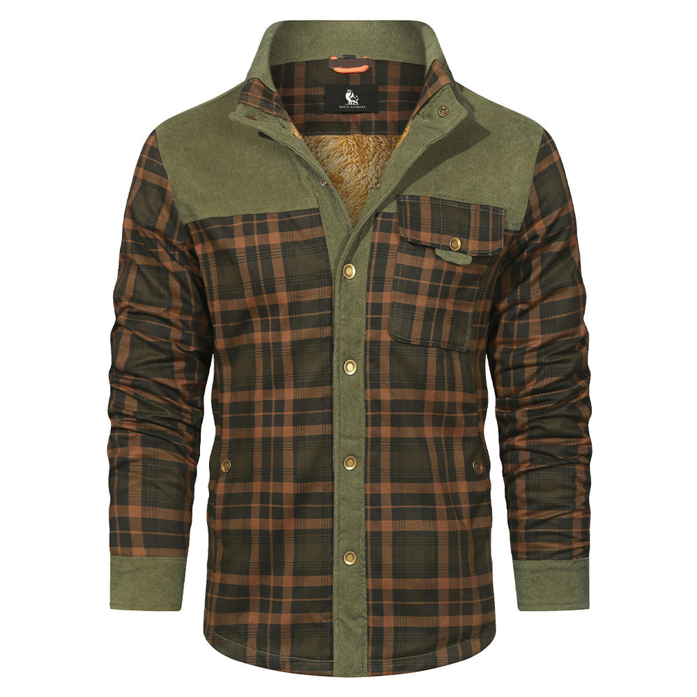 Forest Green plaid shirt jacket, styled buttoned up