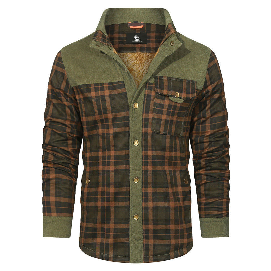 Forest Green plaid shirt jacket, styled buttoned up