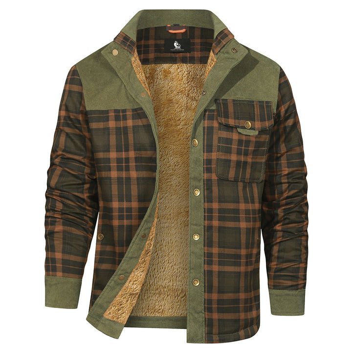Forest Green plaid shirt jacket, front view on model