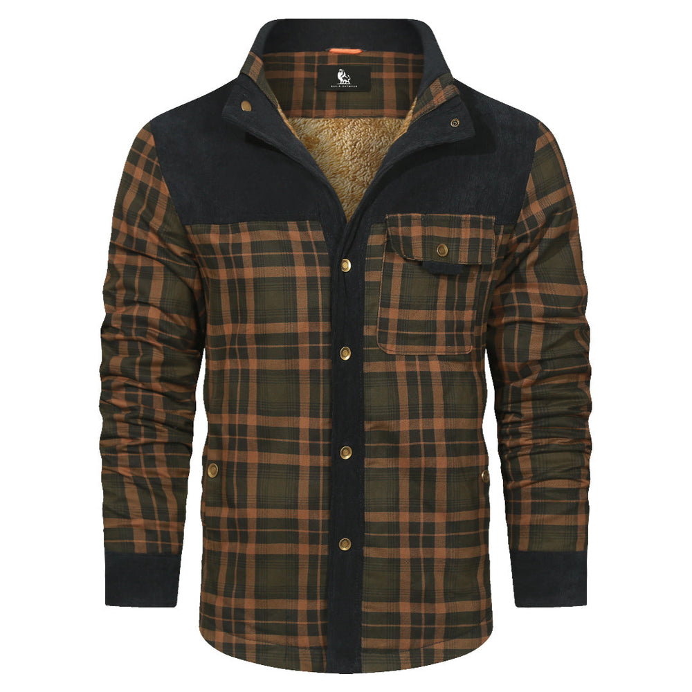 Sandstorm Navy plaid shirt jacket, styled buttoned up