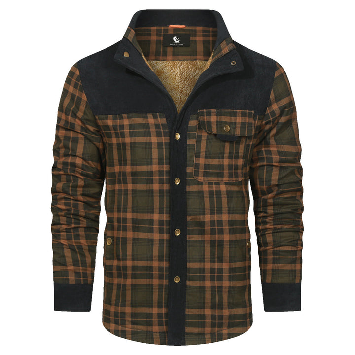 Sandstorm Navy plaid shirt jacket, styled buttoned up