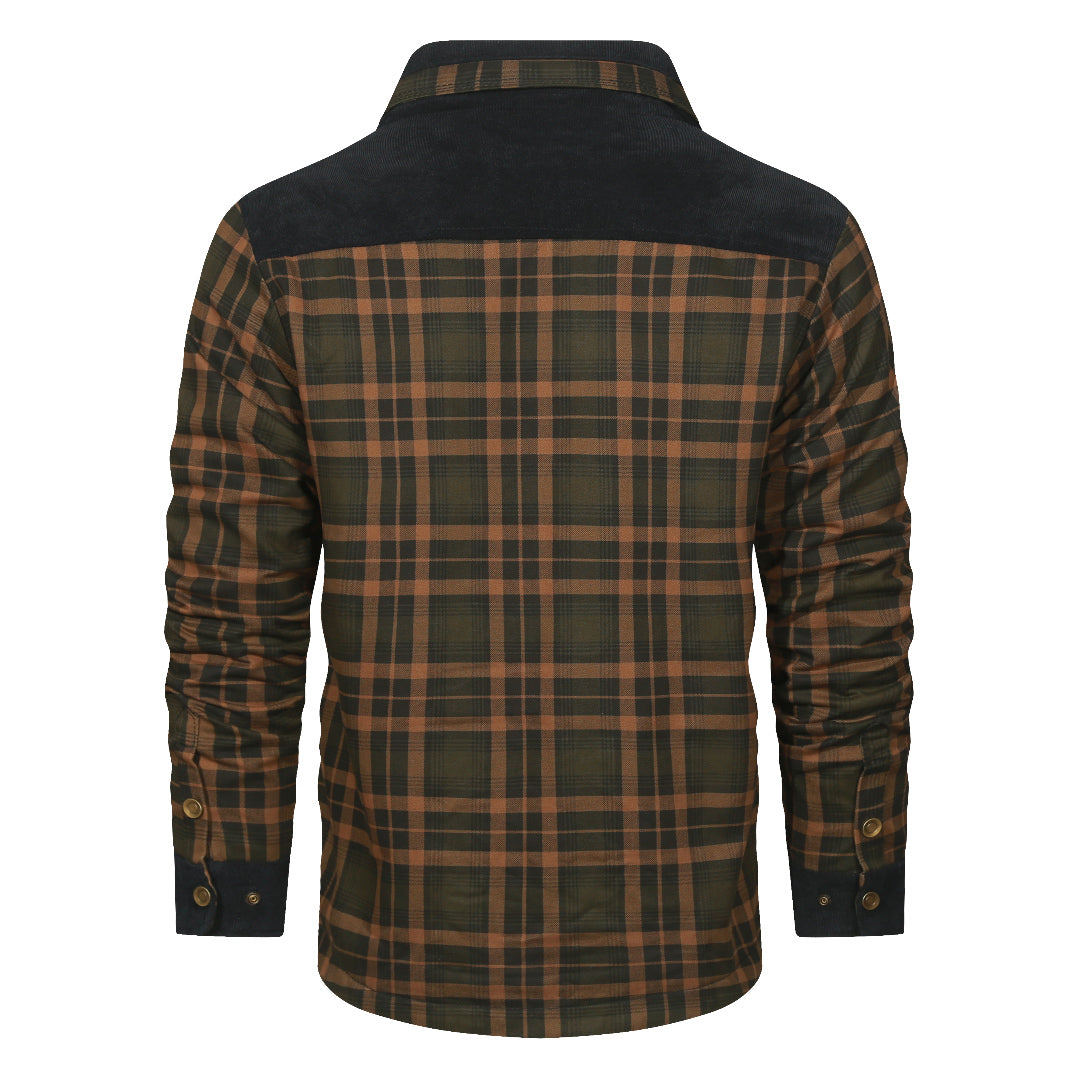 Sandstorm Navy plaid shirt jacket, back view