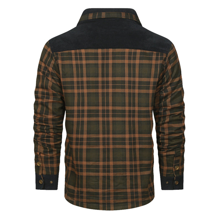 Sandstorm Navy plaid shirt jacket, back view