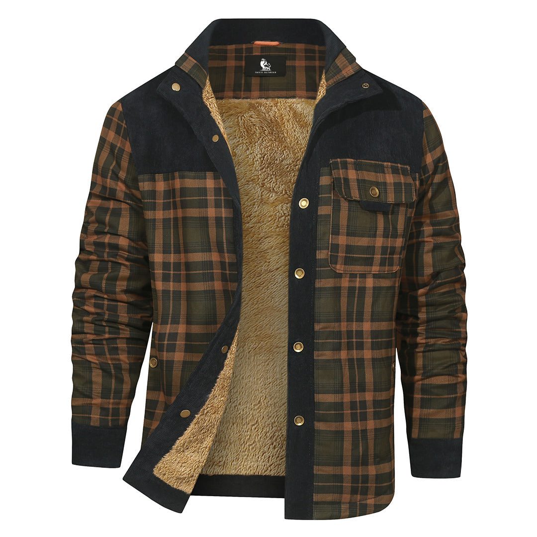 Sandstorm Navy plaid shirt jacket, front view on model