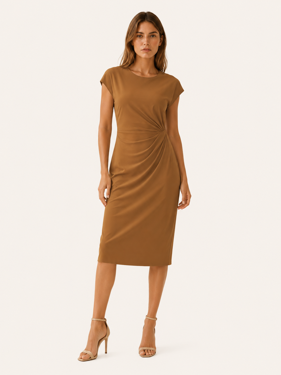 Black Midi Dress with Ruched Waist – full length view