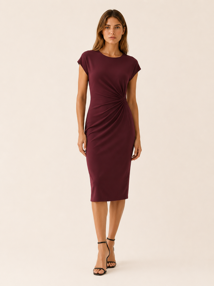 Black Midi Dress with Ruched Waist – model view