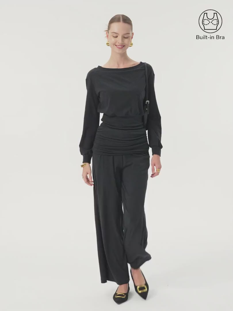 2Pcs Set Boatneck Built-In Bra Top 2.0 & Drapey Wide Leg Pull-on Pants with Pockets