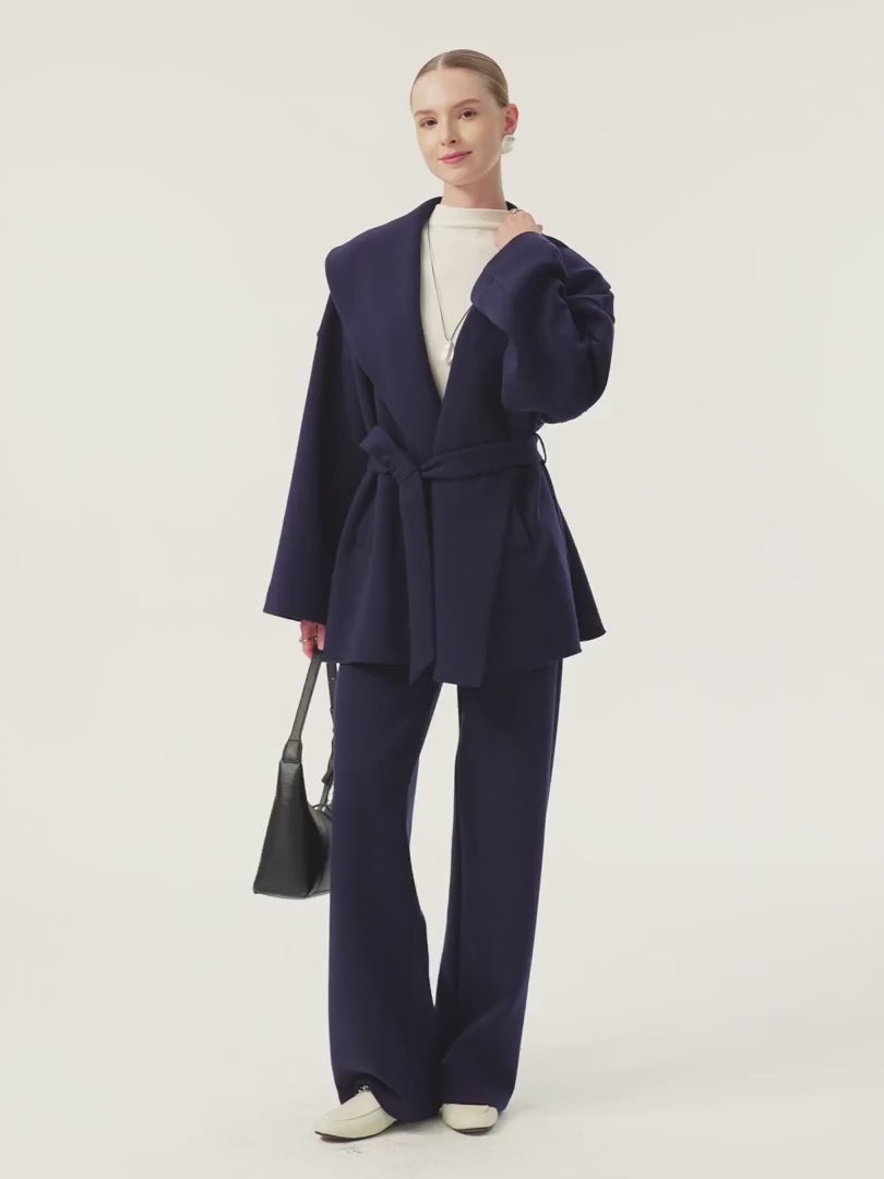 2Pcs Set Belted Shawl Collar Robe Jacket & Mid Rise Straight Pants with Pockets