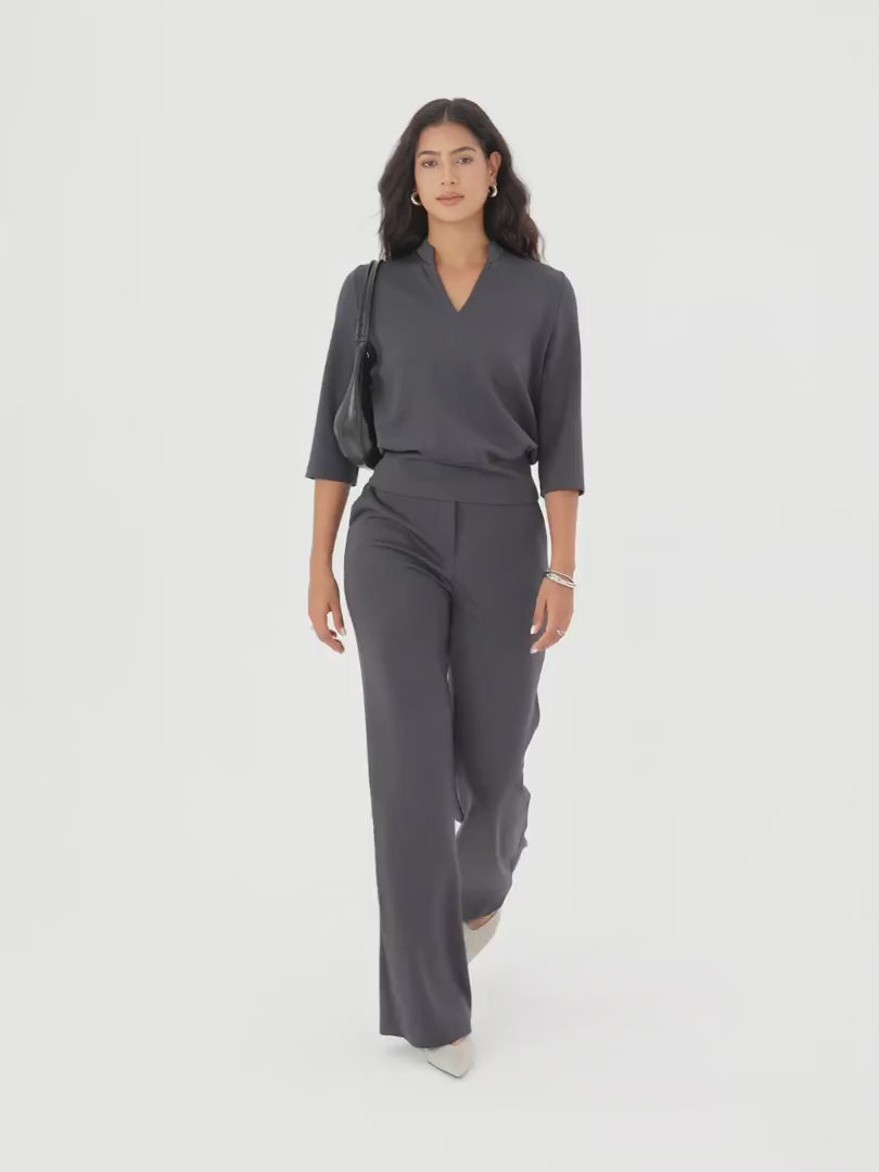 2Pcs Set V-Neck Elbow Sleeve Top & High-Rise Wide Leg Pants with Pockets