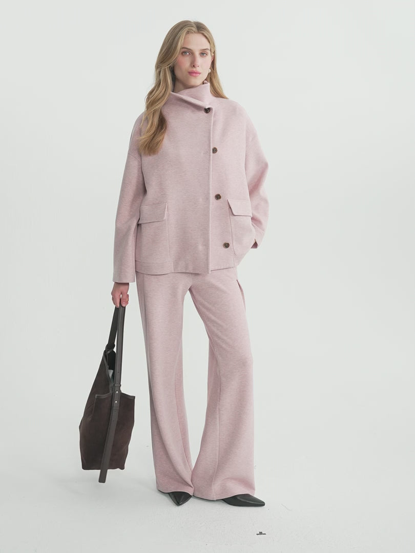 2Pcs Set FuzzLuxe Mock Neck Long Sleeve Jacket with Pockets & High-Rise Wide-Leg Tuck Pants with Welt Pockets