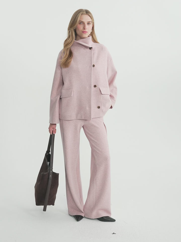 2Pcs Set FuzzLuxe Mock Neck Long Sleeve Jacket with Pockets & High-Rise Wide-Leg Tuck Pants with Welt Pockets