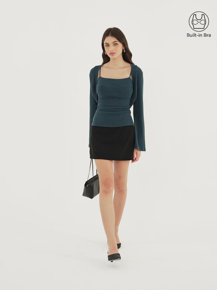 2-Piece Top Set LiteWarm Square Neck Spaghetti Strap Bell Sleeve Built-In Bra Cami 2.0