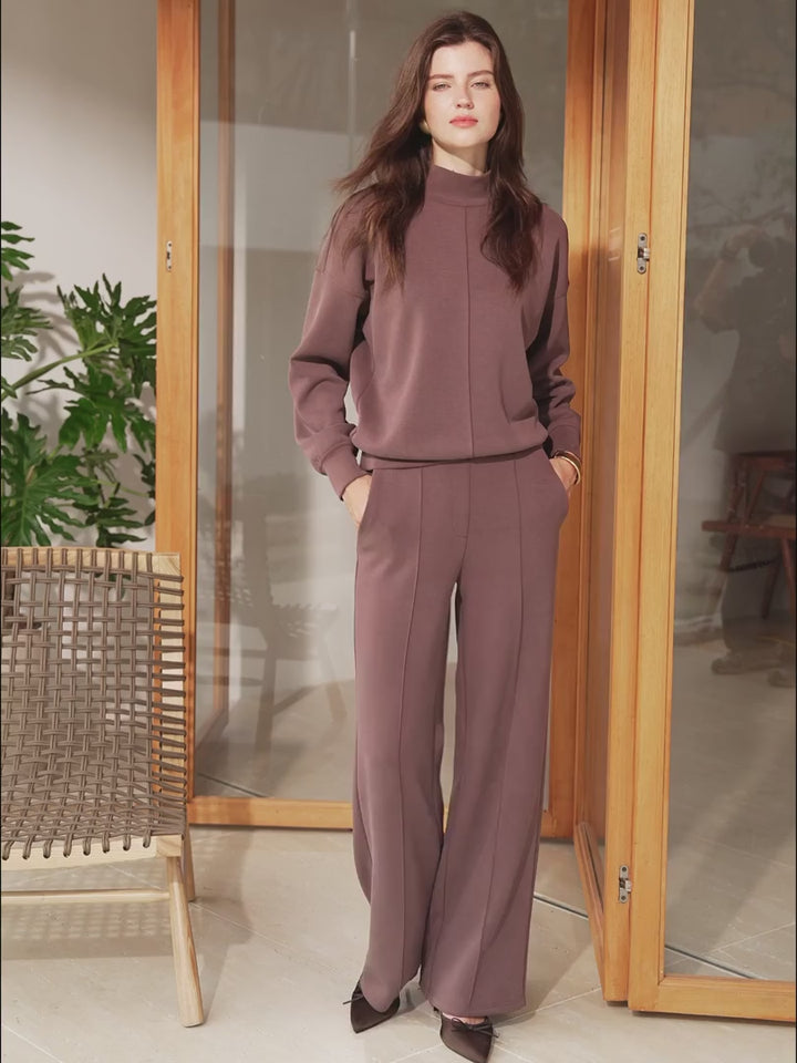 2Pcs Set Mockneck Pullover Shirt & Mid Rise Straight Leg Pants with Pockets