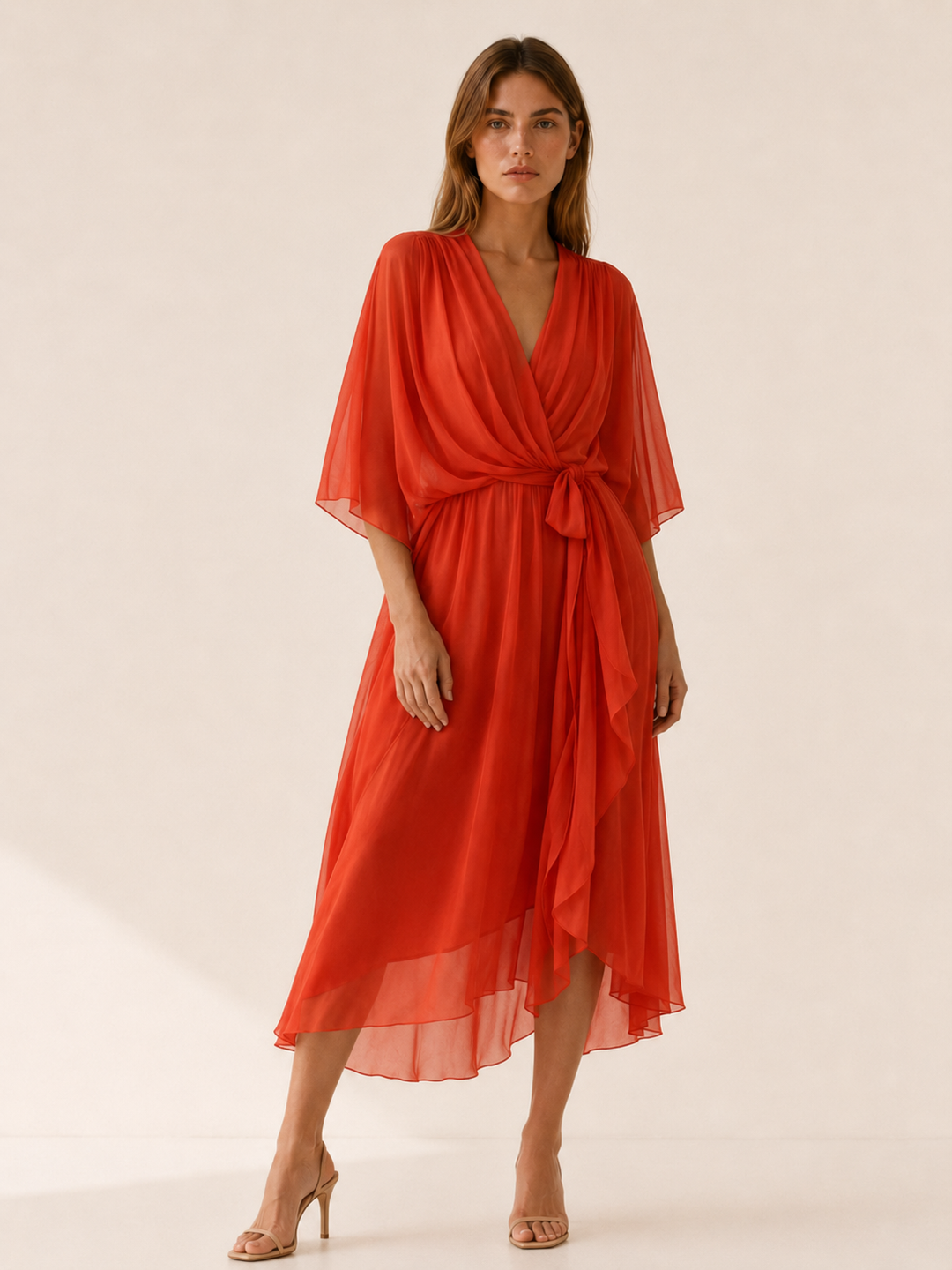 Red Orange Wrap Midi Dress with Waist Tie – front view