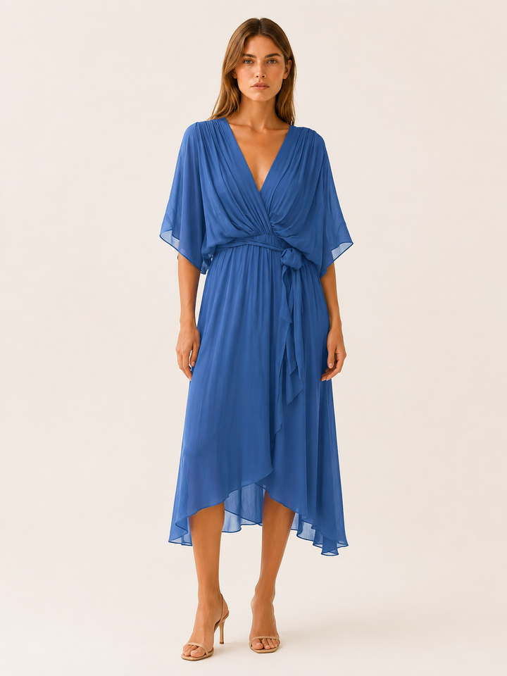 Red Orange Wrap Midi Dress with Waist Tie – close-up