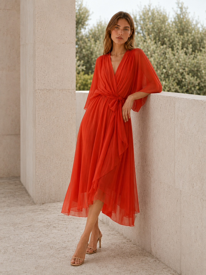 Red Orange Wrap Midi Dress with Waist Tie – back view