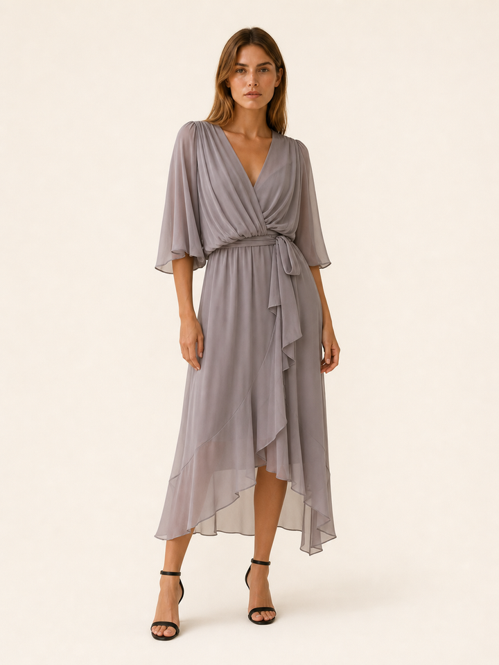 Red Orange Wrap Midi Dress with Waist Tie – full length view