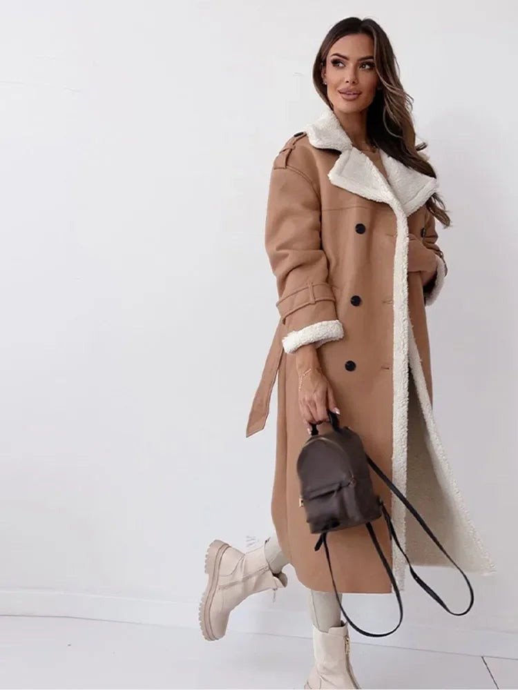 Anouk | Women's Belted Longline Coat with Shearling Collar