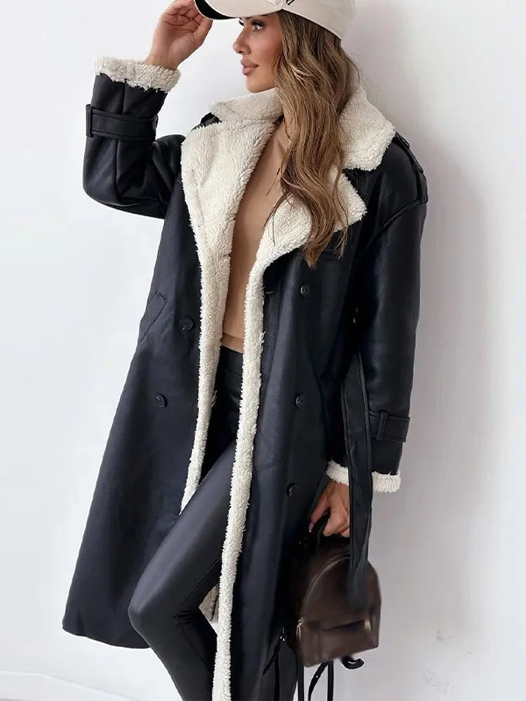 Anouk | Women's Belted Longline Coat with Shearling Collar
