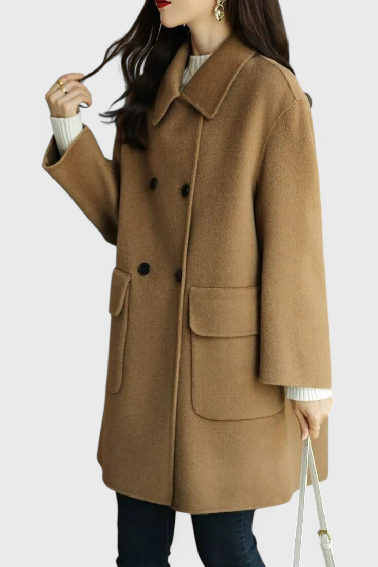 Aveline women's wool coat walking lifestyle pose
