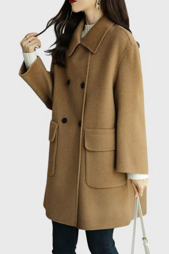 Aveline women's wool coat walking lifestyle pose