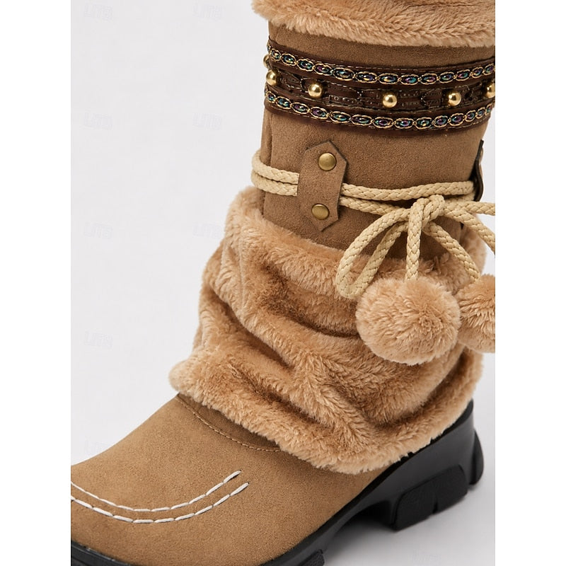 Genesis | Women's Faux Fur Mid-Calf Winter Boots with Beaded Trim
