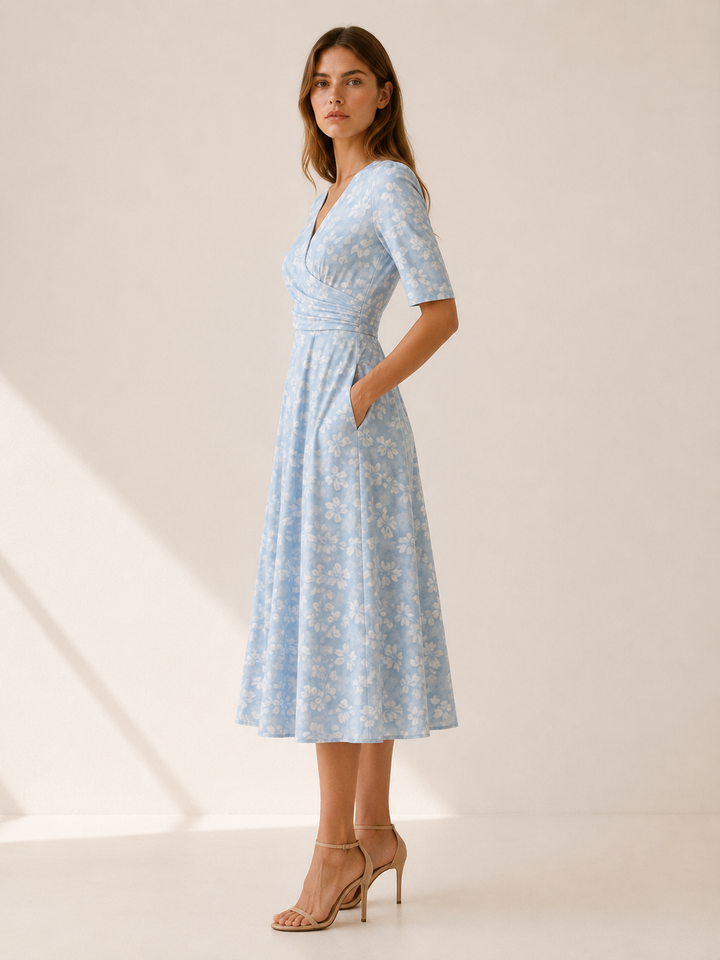 Blue Floral Midi Dress with V Neck and Side Pockets – side view