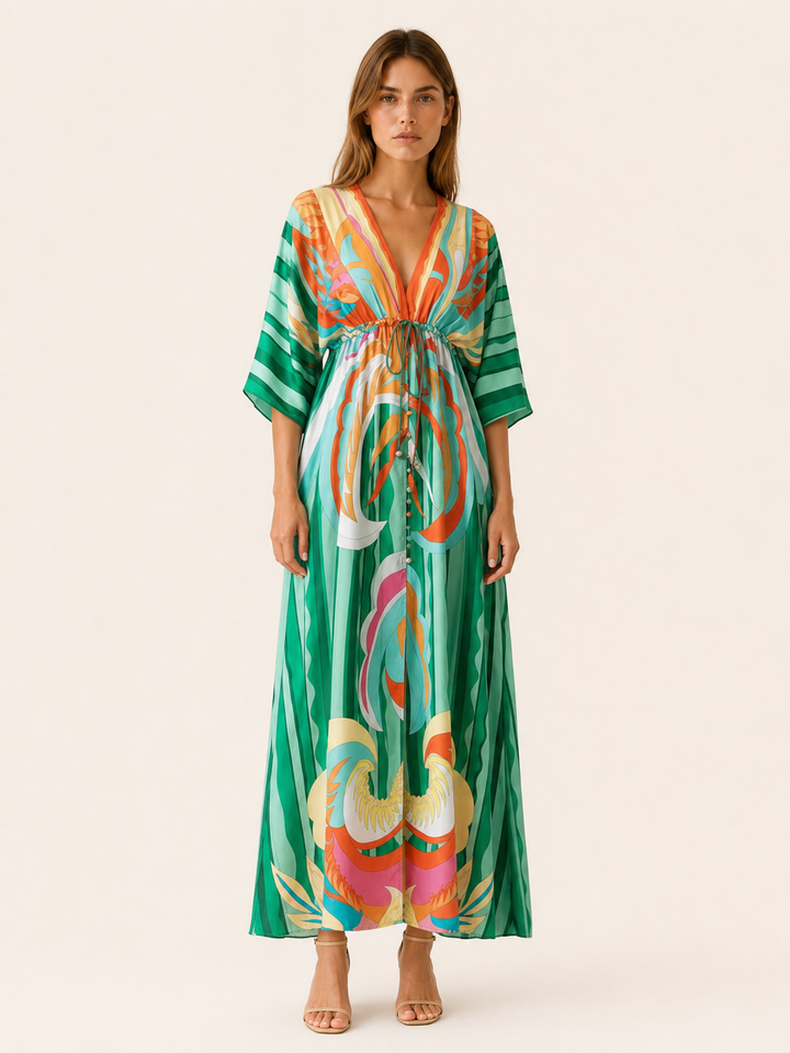 Green Printed Maxi Dress with V Neck and Tie Waist – front view