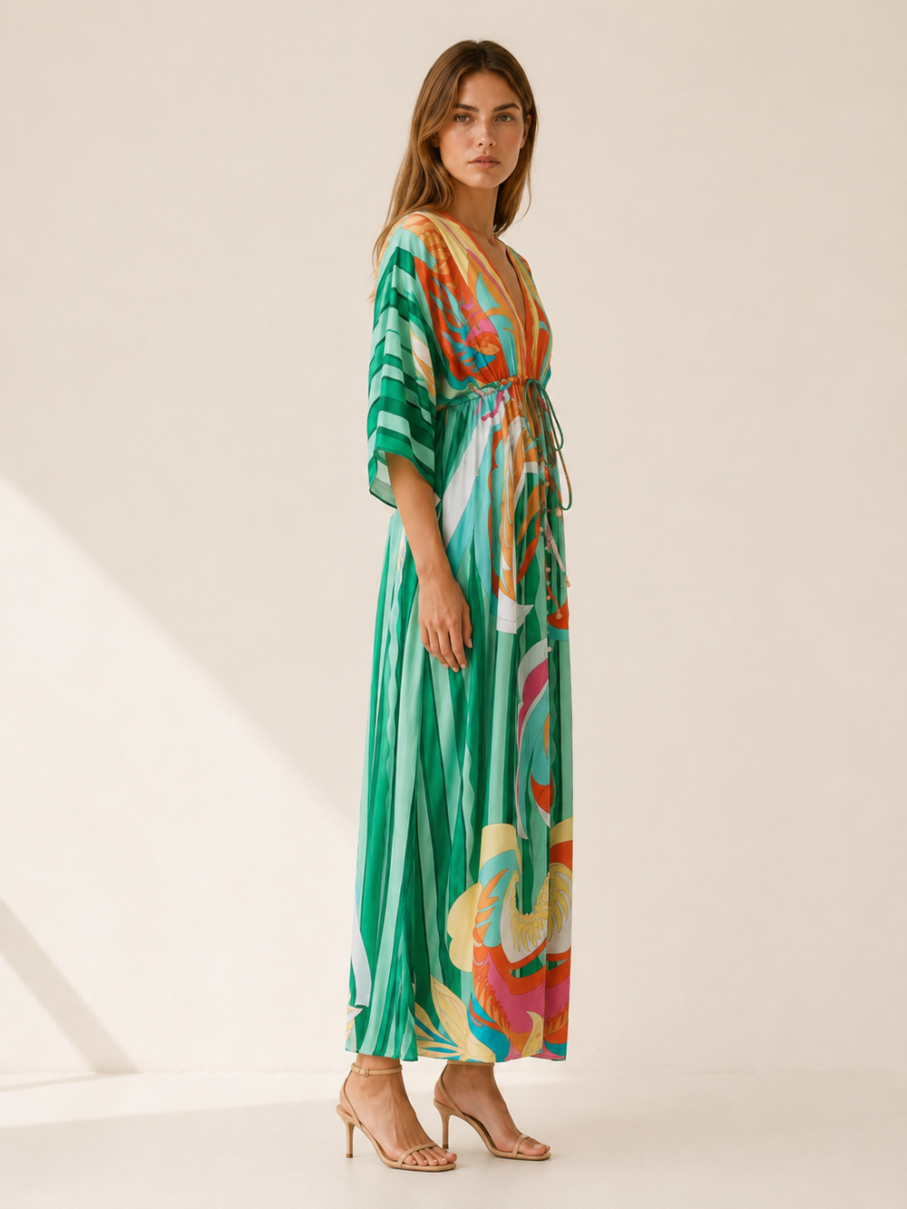 Green Printed Maxi Dress with V Neck and Tie Waist – side view