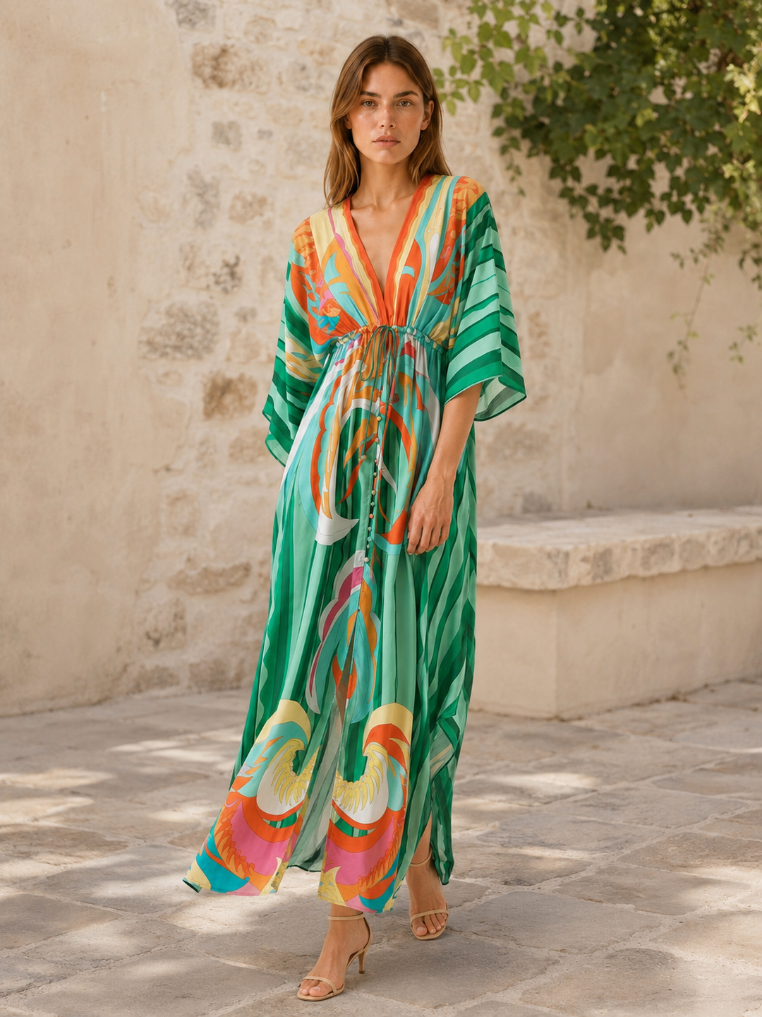 Green Printed Maxi Dress with V Neck and Tie Waist – close-up