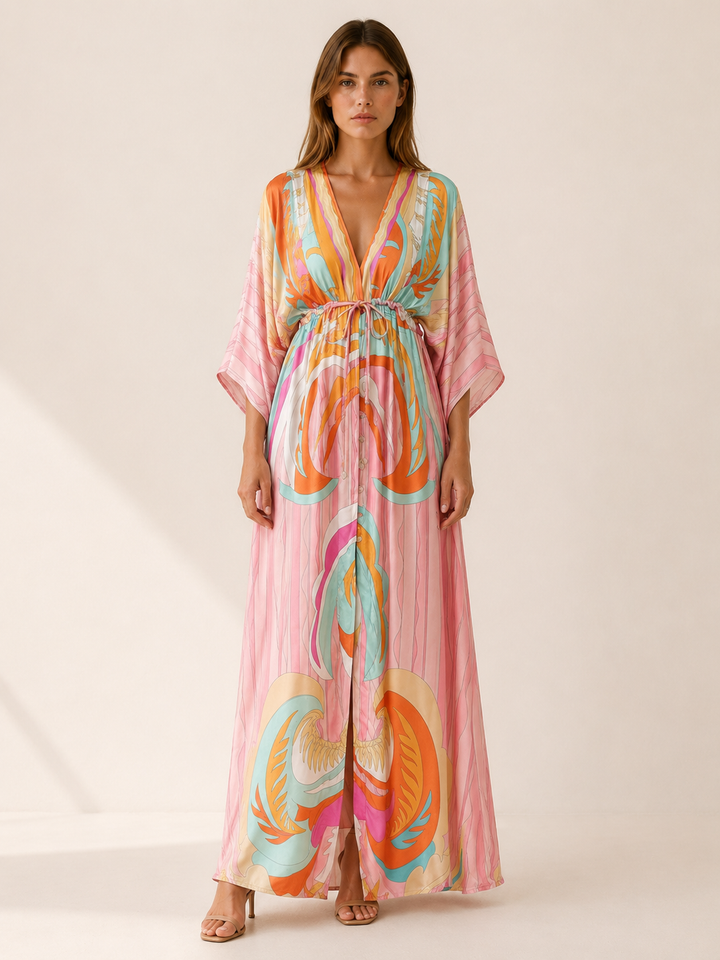 Green Printed Maxi Dress with V Neck and Tie Waist – lifestyle