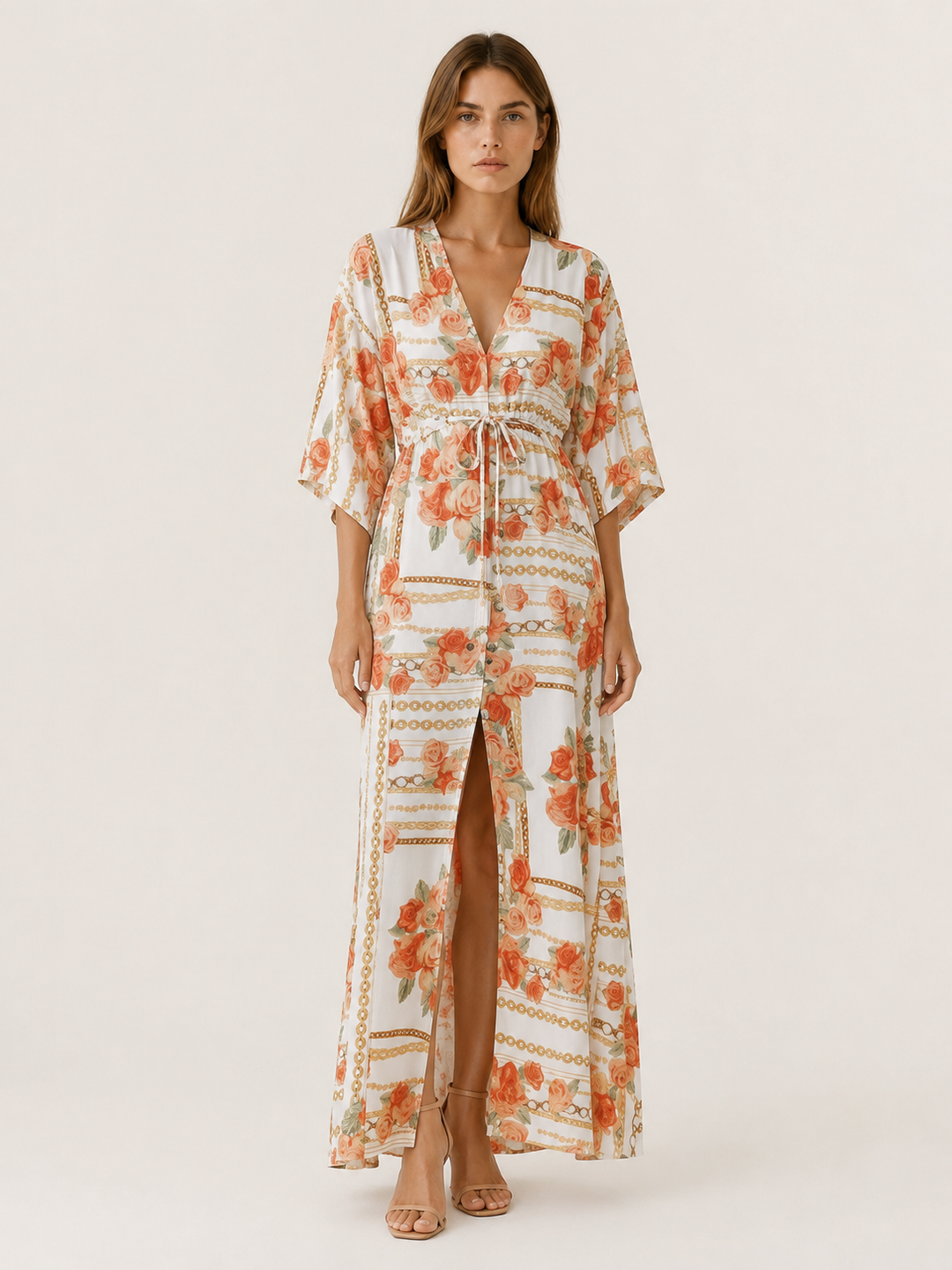 Green Printed Maxi Dress with V Neck and Tie Waist – full length view