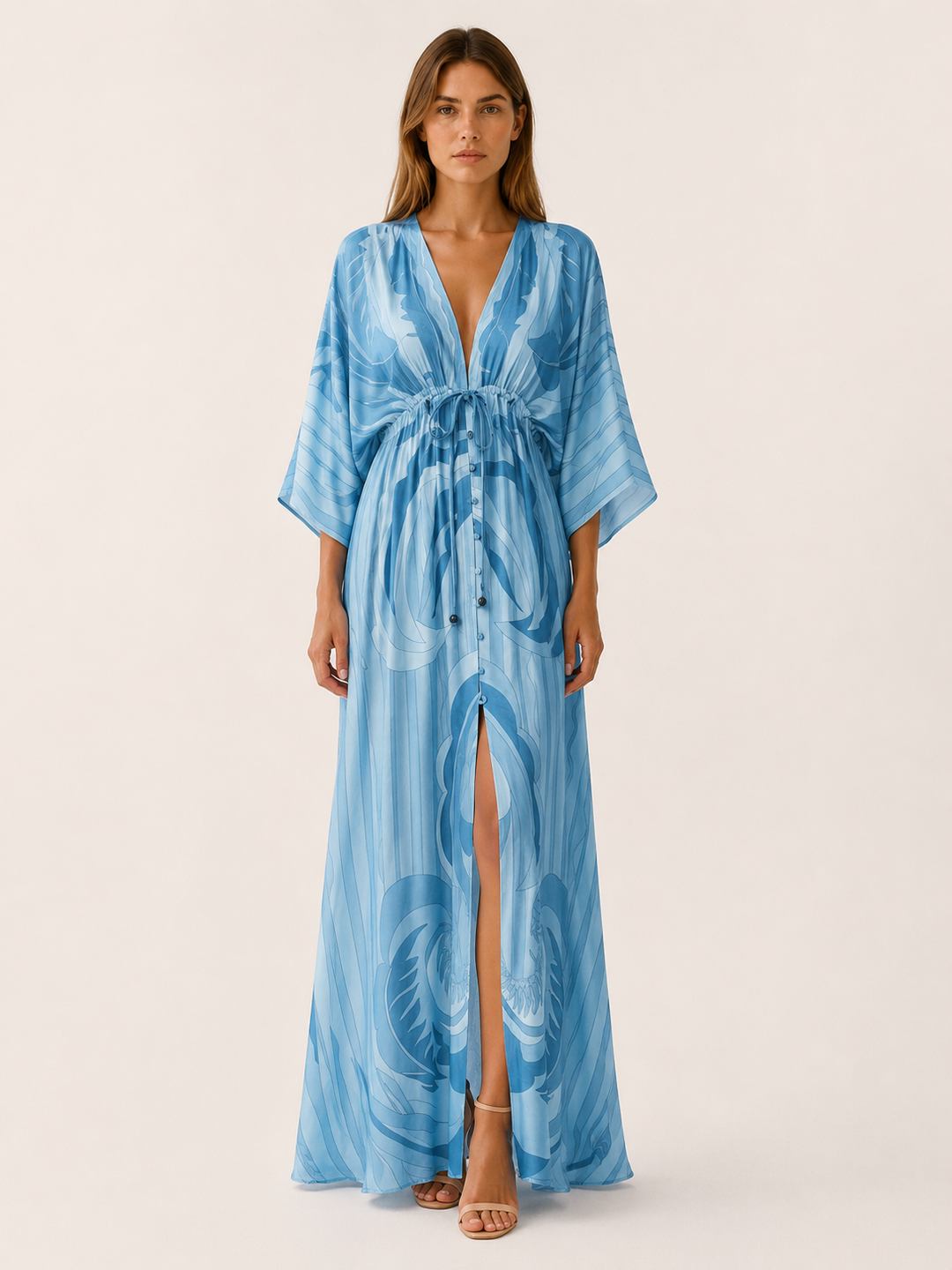 Pink Printed Maxi Dress with V Neck and Tie Waist – angled view