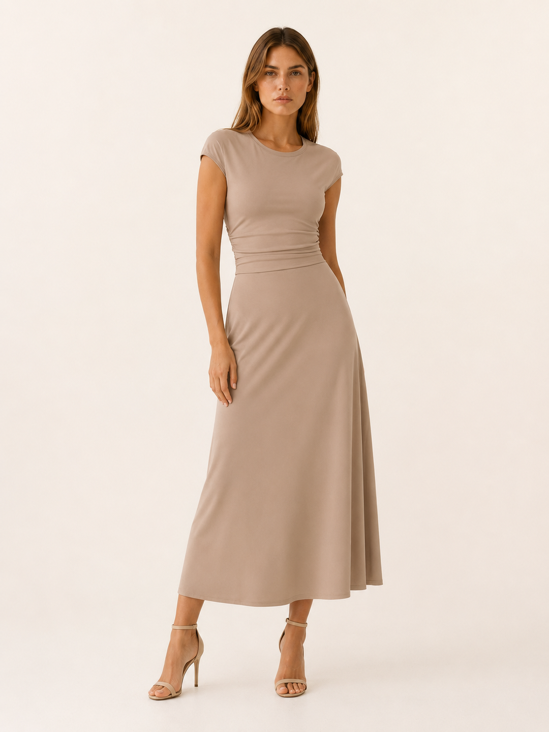 Khaki Midi Dress with Cap Sleeves and High Waist – front view